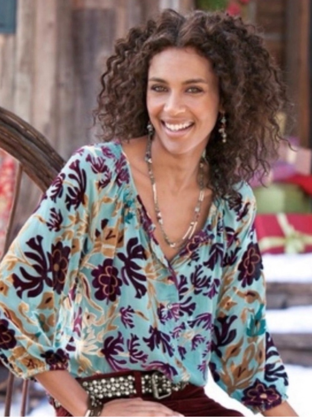 Sundance Winter Palace Silk Velvet Burnout Blouse Top Floral Blue Burgundy Boho